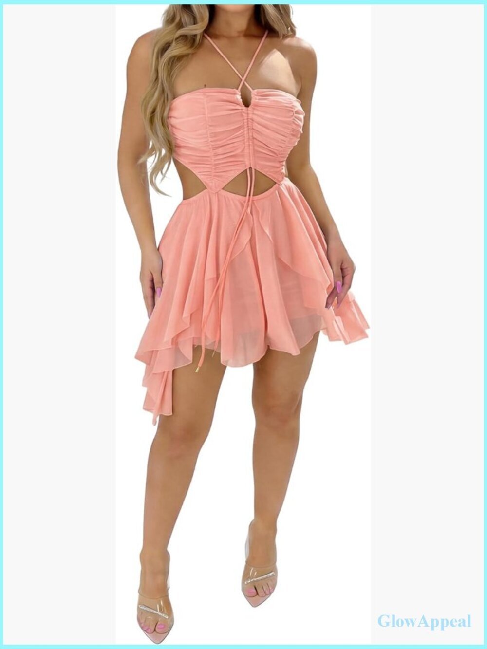 Halter V Neck Mesh Cutout Jumpsuit Flowy Ruffle Romper Club Party